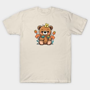 Kawaii Bear Sitting in Flowers T-Shirt